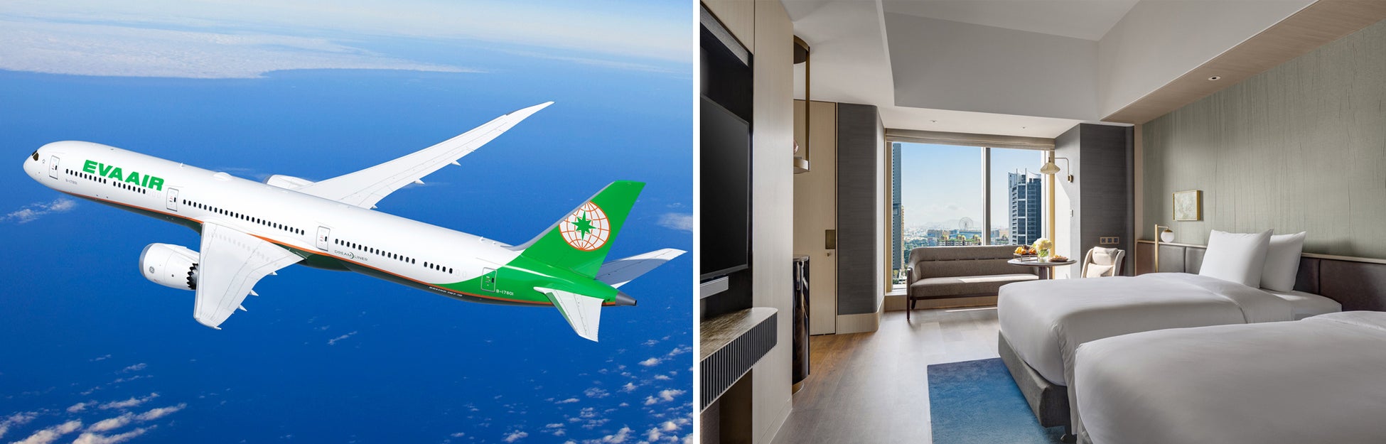（左）エバー航空より台湾往復航空券を提供（左）インターコンチネンタル高雄のツインプレミアムルーム（イメージ）