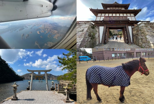 長崎県対馬市の写真（左上から時計回りに、上空からの対馬・金石城跡の櫓門・対州馬・和多都美神社）