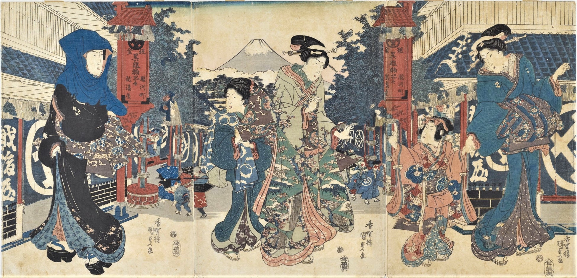 作品名 越後屋前の三美人 歌川 国貞作（1830〜44年）提供 (株)三越伊勢丹ホールディングス