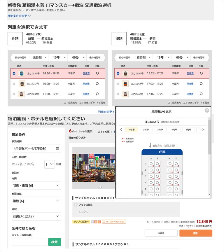 「箱根旅行の予約システム」ダイナミックパッケージ画面イメージ