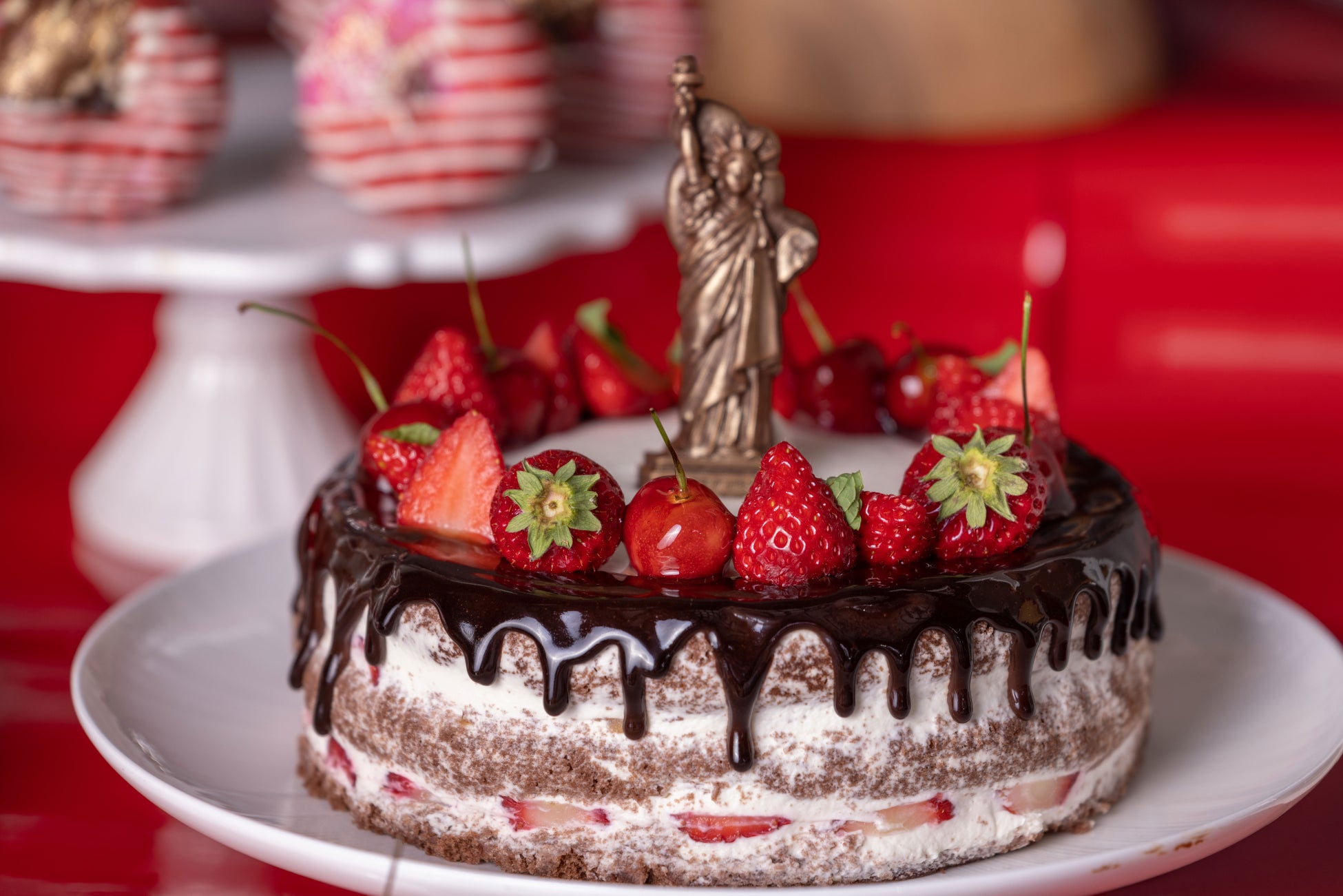 ストロベリーとチェリーのネイキッドチョコレートケーキ