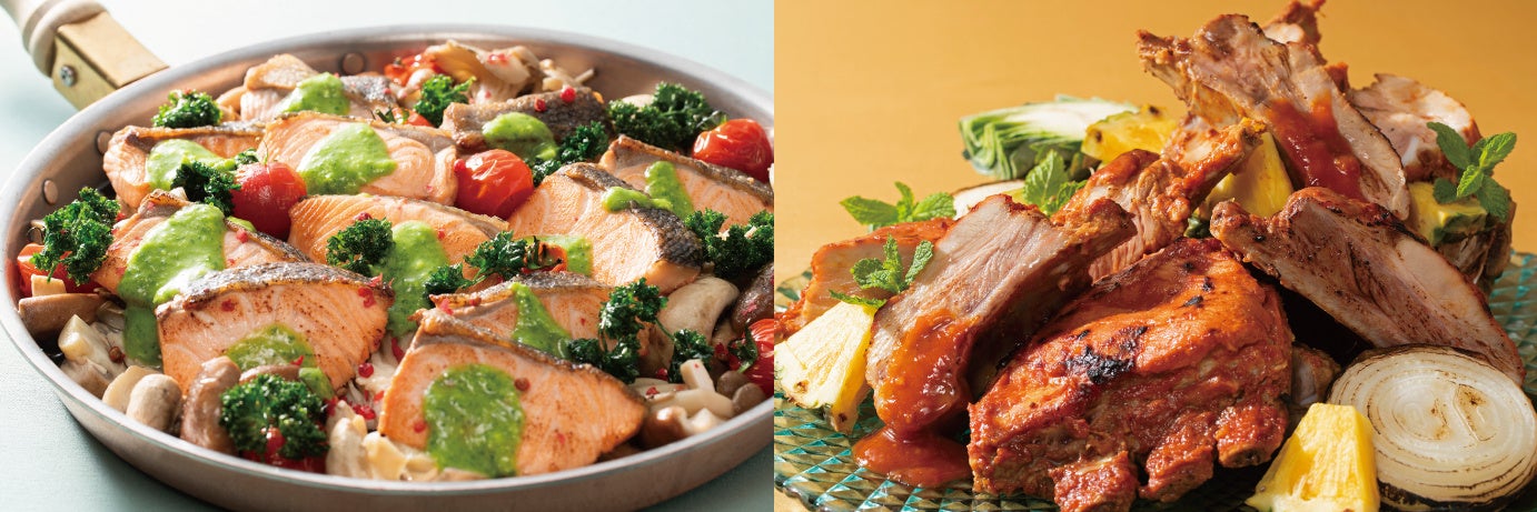 画像左：サーモンと季節野菜のガーリックバター焼き／画像右：カレー風味のスペアリブオーブン焼き
