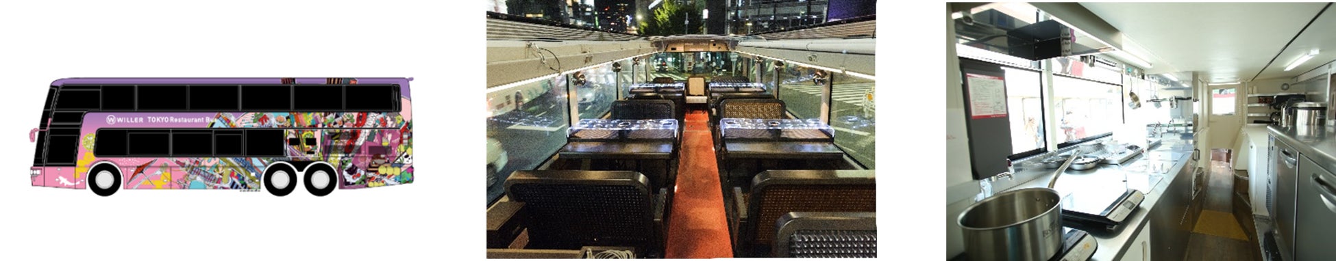 東京レストランバス外観　　　　　　　　　2階座席　　　　　　　　　　　　　　　1階キッチン