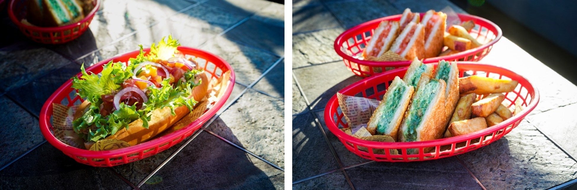 左から：芋焼酎で煮込んだプルドポークドッグ（税込み1,400円）、赤のハトシ 緑のハトシ（各税込み1,000円）