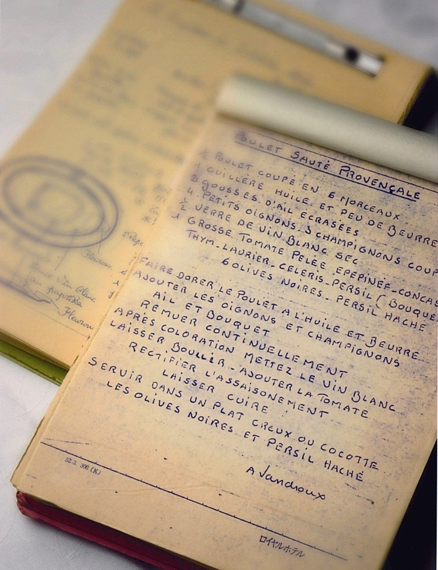 初代シェフ アンドレ・ルイ・ヴァンドルーによる手書きのレシピ