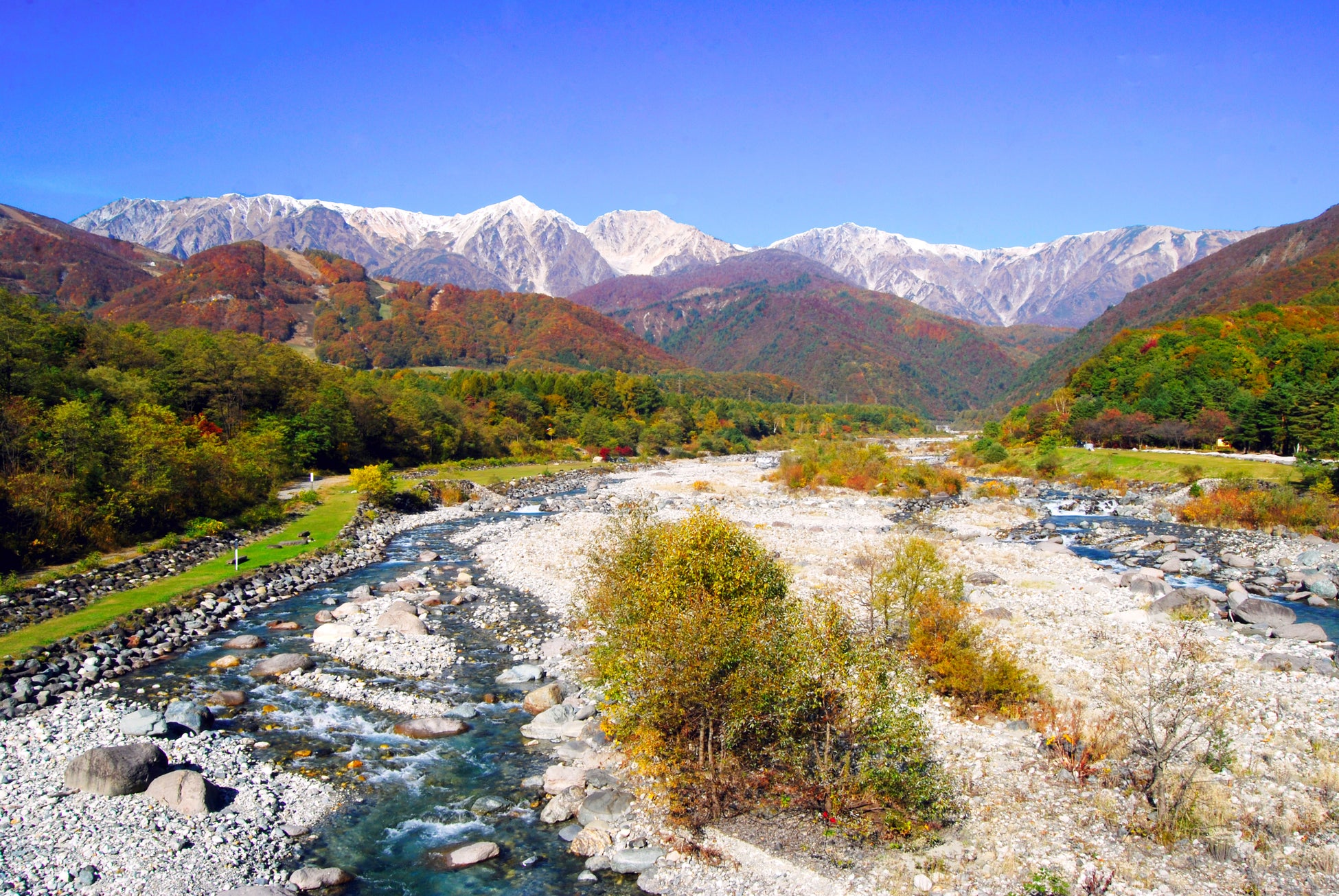 山に積もった雪の「白」、紅葉の「赤」、麓は紅葉前の「緑」。見られる日は年に数回しかない白馬の三段紅葉