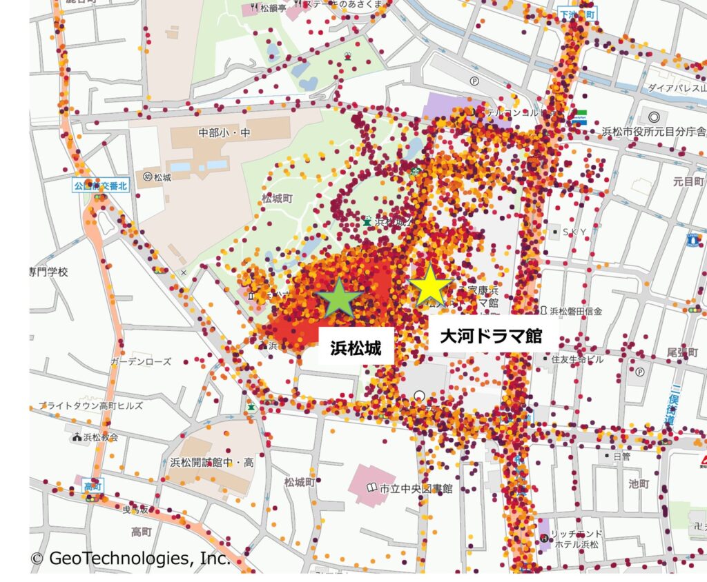 図1  2023年8月13日に対象エリアを訪れたユーザーの位置情報の可視化図