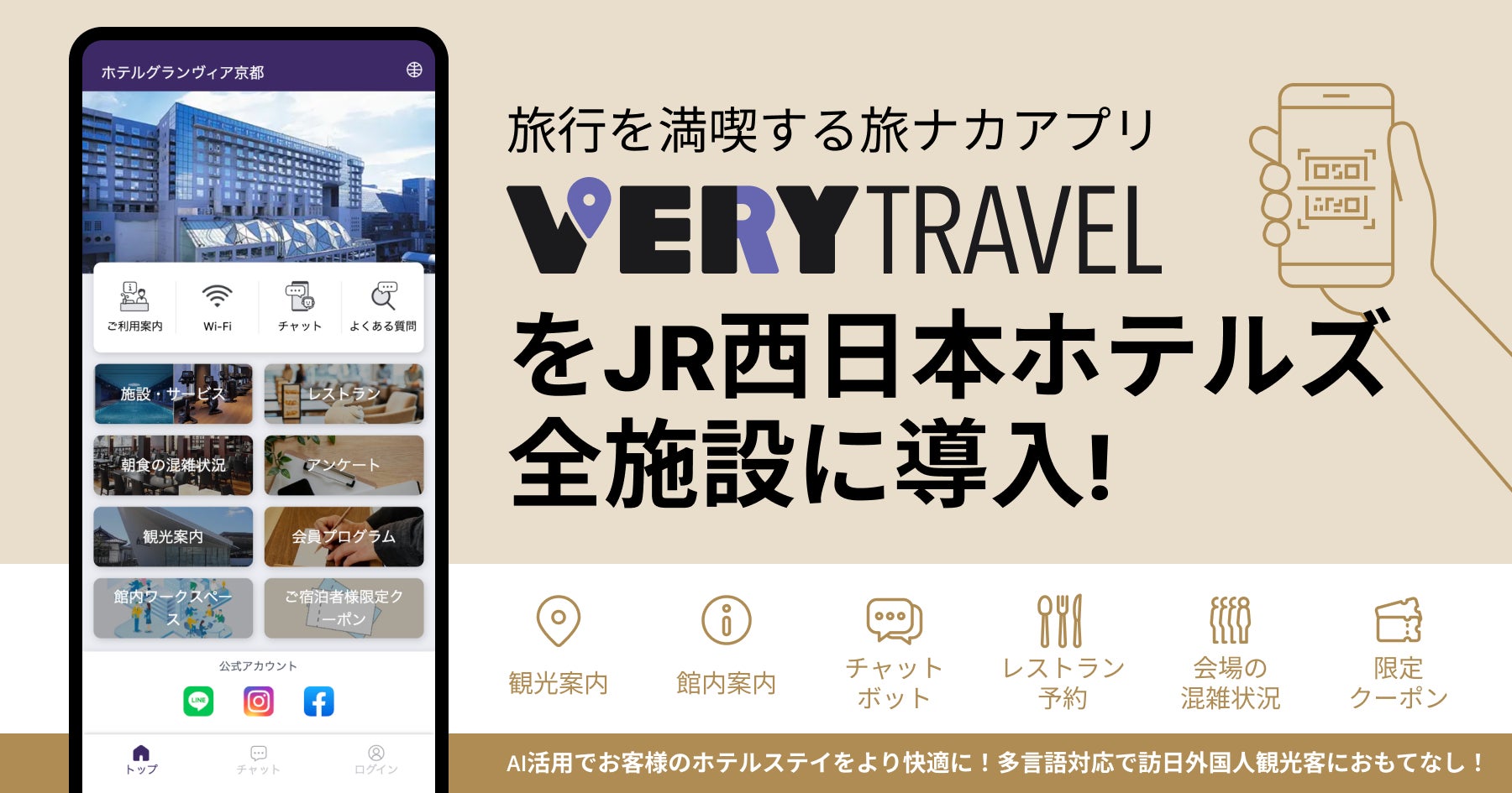 旅行を満喫する旅ナカアプリ「VERY」をJR西日本ホテルズ全施設に導入