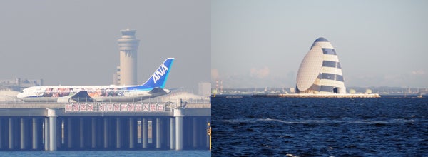 （左）羽田空港　D滑走路に着陸する特別塗装機　　　　　　（右）東京湾アクアライン：風の塔
