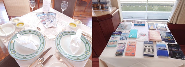 （左）船内テーブルセッテイング　イメージ　　　（右）品川・川崎・横浜の情報コーナー