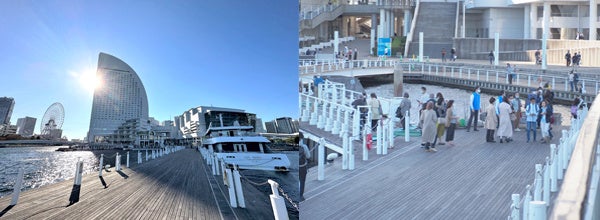 （左）横浜ぷかり桟橋に停泊中　　　（右）復路のお客様は乗船前に記念写真を
