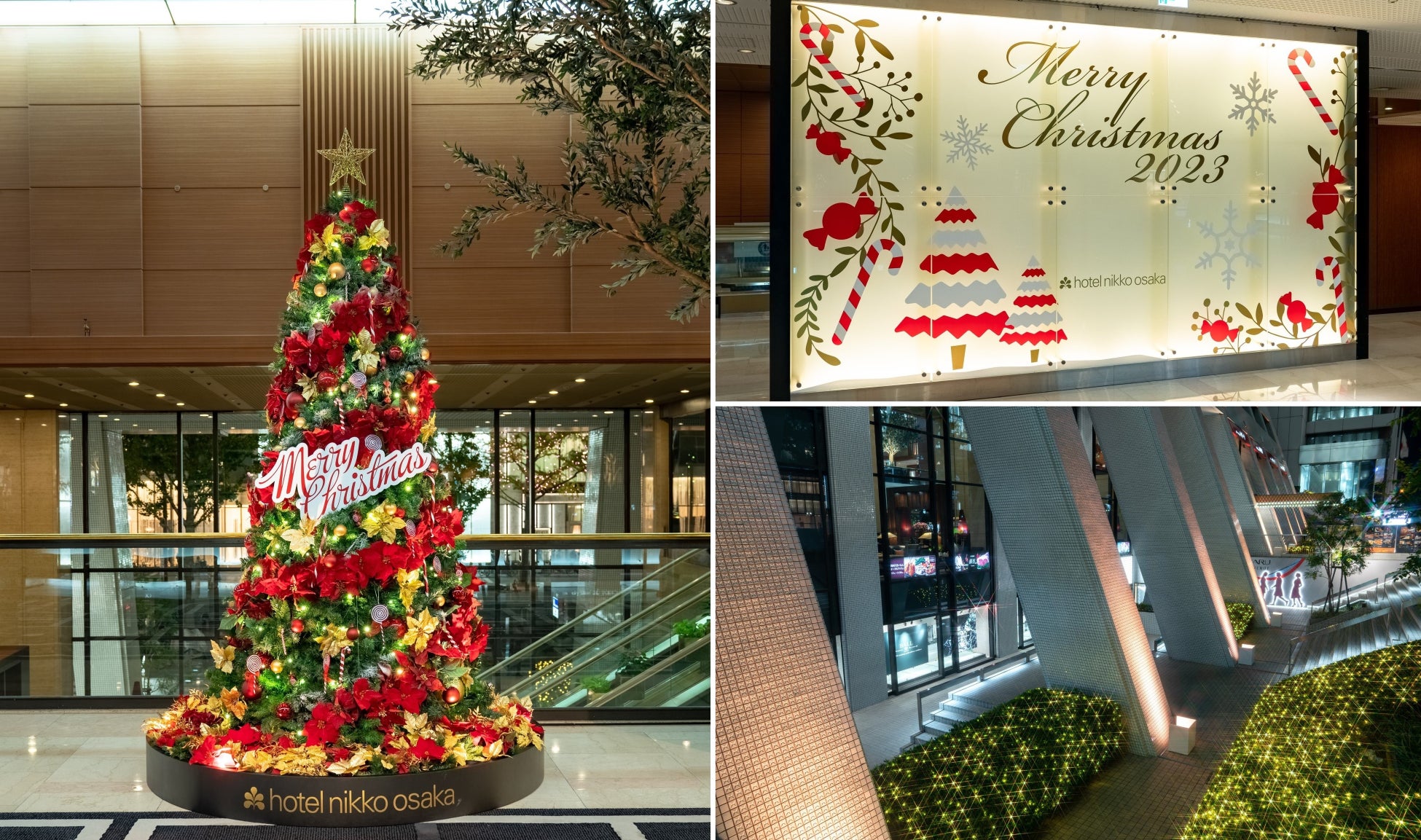 左：メインロビー クリスマスツリー、右上：ロビー壁面装飾、右下：ホテル外壁ライトアップ