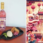 「f winery　南京町コラボ　スペシャルピンクワイン」と中華料理とのマリアージュのイメージ（左）、ワインラベル(右）