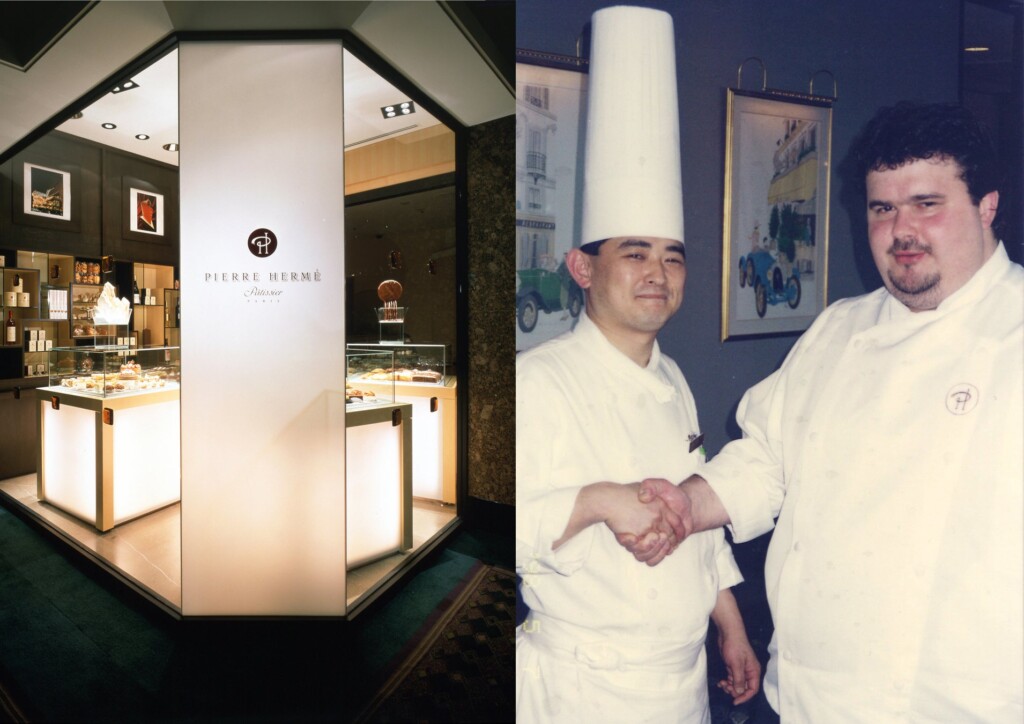 1998年創業当時のピエール・エルメ・パリの外観と、総料理長 中島眞介、ピエール・エルメ氏