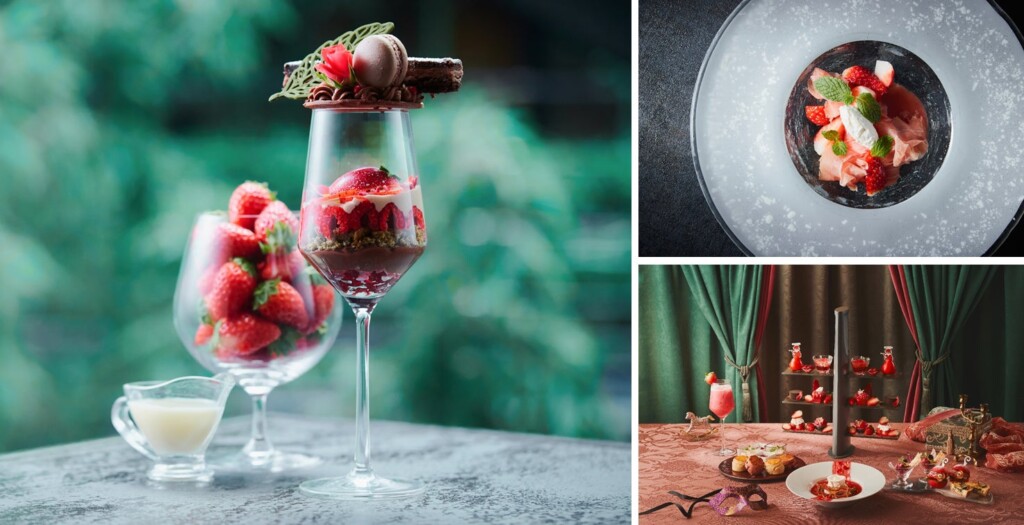 「まんぷくいちごのショコラパルフェ」(画像左)、「いちごランチ会」（右上）、「Strawberry Afternoon Tea ～Red Masquerade～」（右下）