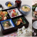「カウンター割烹 みおつくし」お花見弁当（左）・「日本料理 なかのしま」青竹の器で提供する八寸（右上）、桜の平盃（右下）