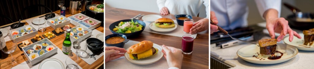 夕食の「国産鴨と湯葉のしゃぶしゃぶ鍋＆おばんざいセット」（左）、洋朝食（中央）、出張シェフプラン（右）