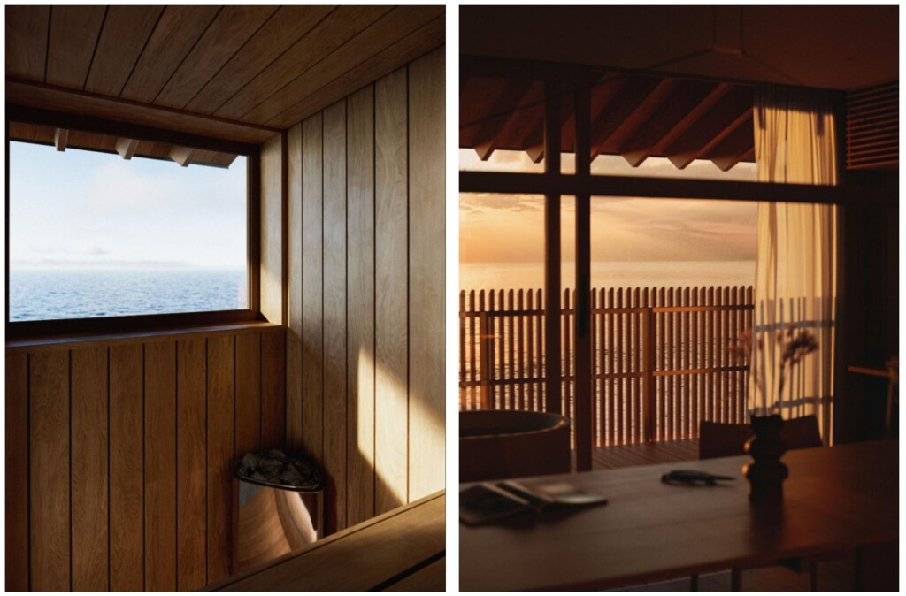 新建築「SANU CONDOMINIUM」_左：太平洋を望む、プライベートサウナ   右：朝焼けから夕焼けまで海を眺める