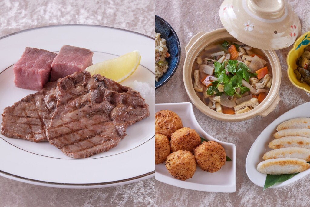 左：漢方和牛のローストと牛タンのグリル、右：郷土料理