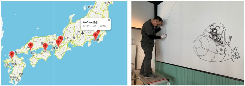 左：全国各地のSHIP’S CATと会えるマップ(地図データ©Google)もキャンペーンサイトに登場。　右：SHIP’S CATのヒストリーページでは、WeBase 広島でのヤノベ氏の制作中の姿など、このページでしか見られない貴重な写真やエピソードも。