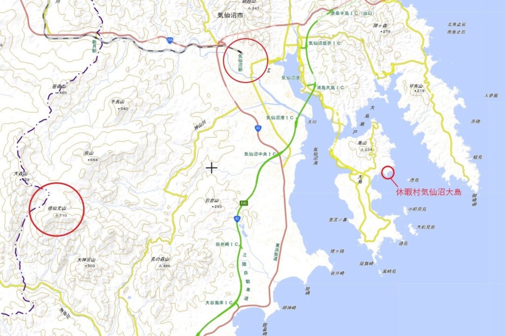 休暇村気仙沼大島から徳仙丈山気仙沼側の登山口までは車で約45分　 （地理院地図（電子国土web）使用）