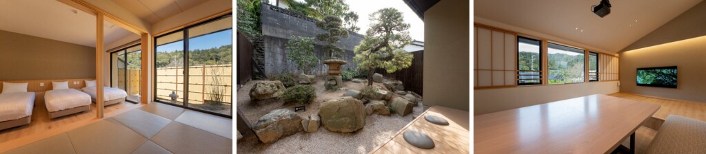 別棟「離れ」の寝室と和室（左）、本棟客室の縁側と日本庭園（中央）、八雲山を望む本棟客室2階のリビング（右）