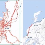 図1：敦賀市街の人流データ（左）と北陸新幹線の路線（右）