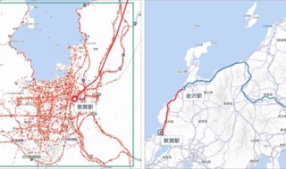 図1：敦賀市街の人流データ（左）と北陸新幹線の路線（右）
