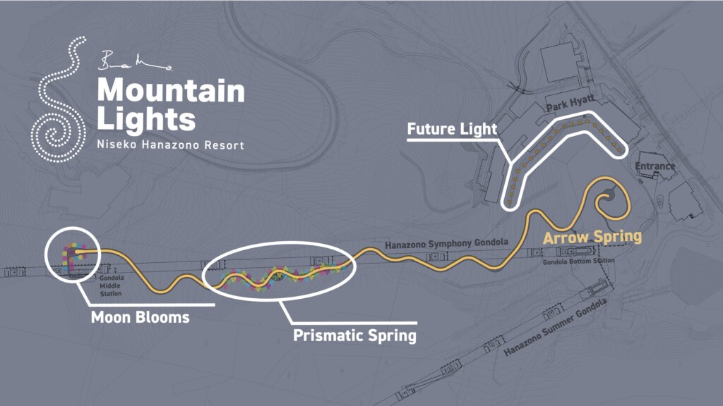 Mountain Lightsマップ：Mountain Lightsは、ブルース・マンローによる4つのアート作品を鑑賞することができる。