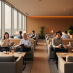 アメックスゴールド 空港ラウンジ 使い方。静かで快適な空港ラウンジの雰囲気、旅行者がくつろぐシーンを表現しています。