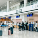 ANA新国内線セール運賃でマイル50%積算を活かす旅行シーン。現代的な日本の空港で旅行者が出発準備をする様子を捉えた画像。