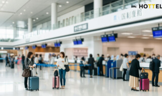ANA新国内線セール運賃でマイル50％積算を活かす旅行シーン。現代的な日本の空港で旅行者が出発準備をする様子を捉えた画像。