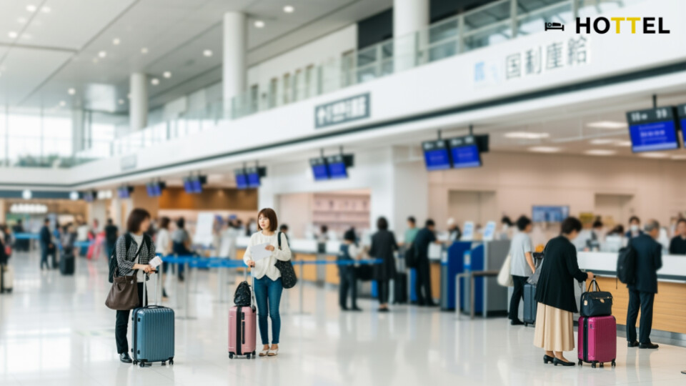 ANA新国内線セール運賃でマイル50%積算を活かす旅行シーン。現代的な日本の空港で旅行者が出発準備をする様子を捉えた画像。