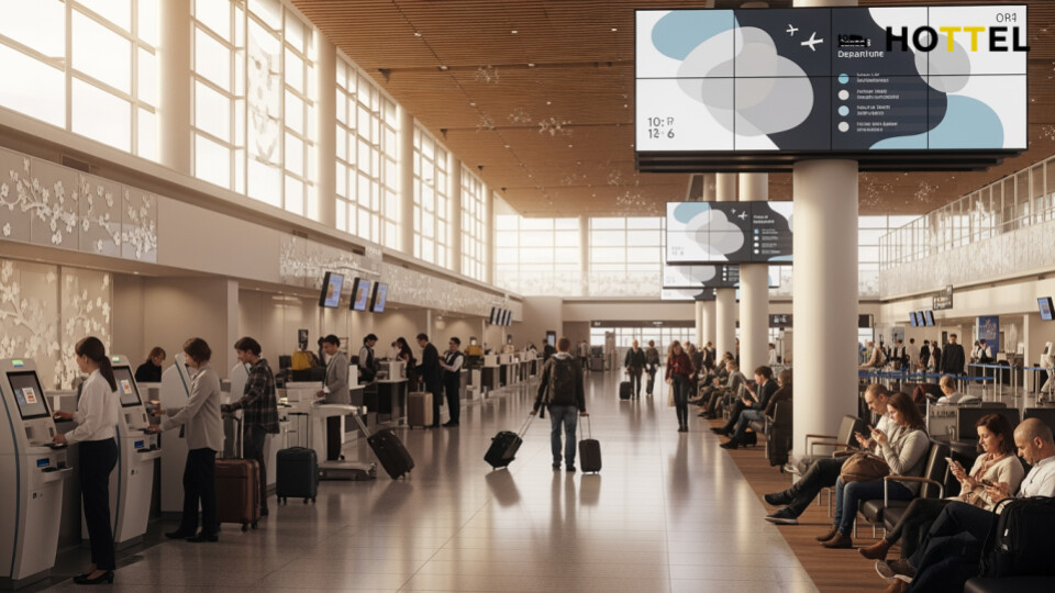 ANAトクたびマイル路線発表 ANAが1月17日~23日搭乗分の内容を反映した、賑わいながらも穏やかな空港の風景を表現した画像。