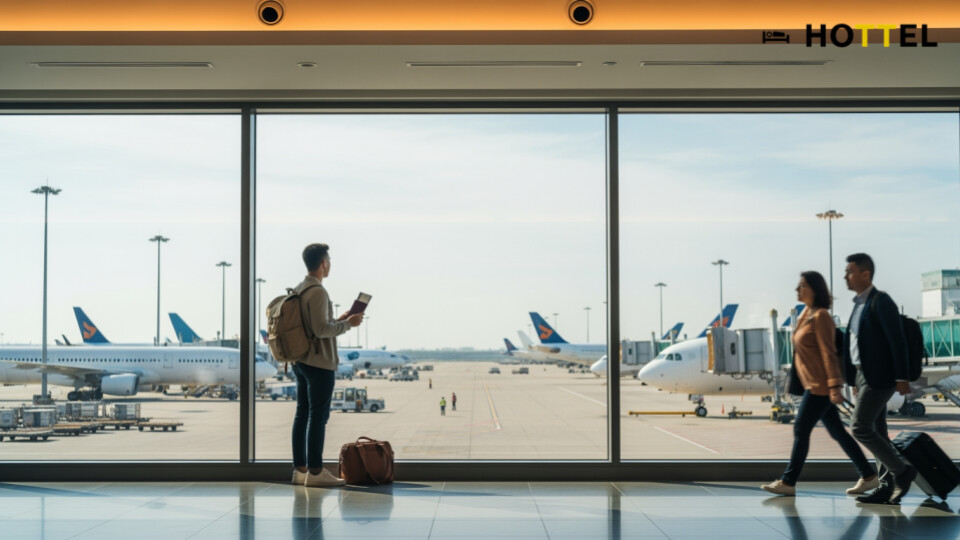 ANA「トクたびマイル」とは、片道3,000マイルから旅行できる国内線特典航空券サービスの概要を示す空港の風景。