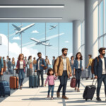 アシアナ航空マイレージ専用便拡大に関連する、旅行者が空港でチェックインしているシーン。多様な乗客たちの活動を捉え、旅の期待感を表現。