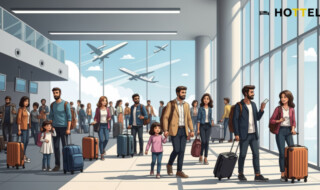 アシアナ航空マイレージ専用便拡大に関連する、旅行者が空港でチェックインしているシーン。多様な乗客たちの活動を捉え、旅の期待感を表現。