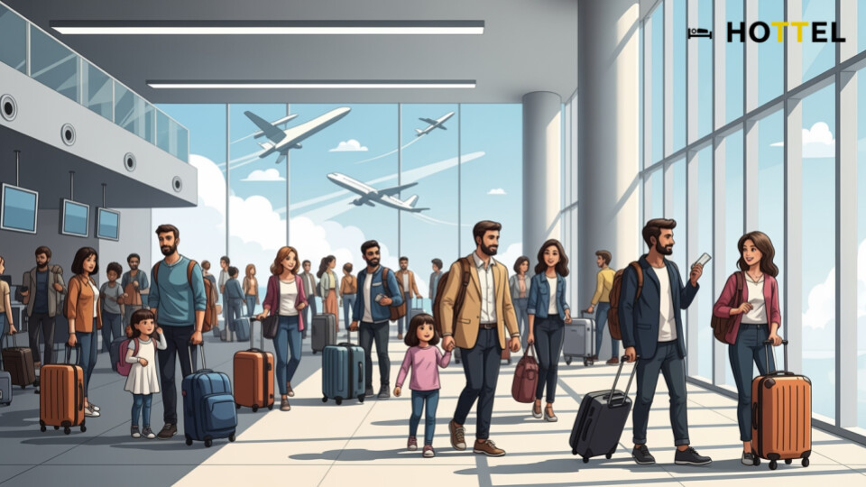 アシアナ航空マイレージ専用便拡大に関連する、旅行者が空港でチェックインしているシーン。多様な乗客たちの活動を捉え、旅の期待感を表現。