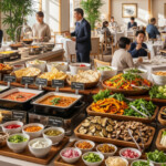 ヒルトン名古屋で秋のカレーブッフェを開催。秋の味覚が詰まったカレーや料理が並ぶ心地よいダイニングシーンを描写。