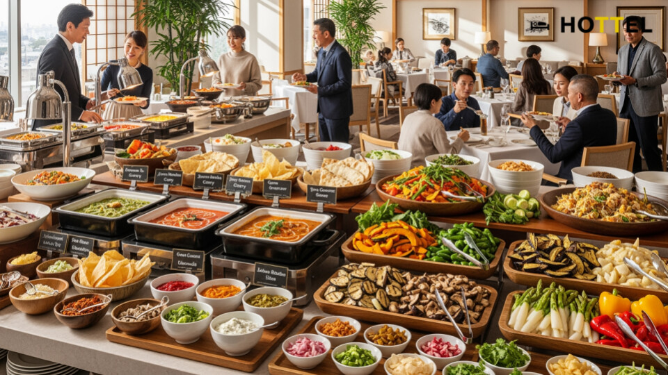 ヒルトン名古屋で秋のカレーブッフェを開催。秋の味覚が詰まったカレーや料理が並ぶ心地よいダイニングシーンを描写。