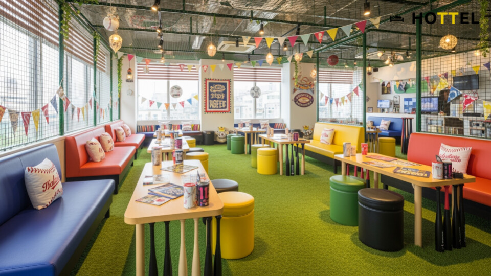 ＢＥＢ５沖縄に推し活スタジアムルームの雰囲気を楽しむ様子。野球場の装飾やインテリアが施されたラウンジで、ファン同士が交流するシーンを描いています。