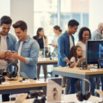 ビックカメラでJALマイル6倍キャンペーンの雰囲気を表現したショッピングシーン。顧客が家電製品とともに賑わう中、キャンペーンを楽しむ様子が描かれています。