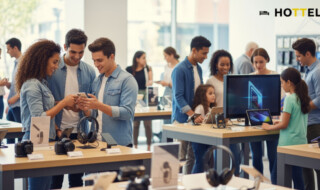 ビックカメラでJALマイル6倍キャンペーンの雰囲気を表現したショッピングシーン。顧客が家電製品とともに賑わう中、キャンペーンを楽しむ様子が描かれています。