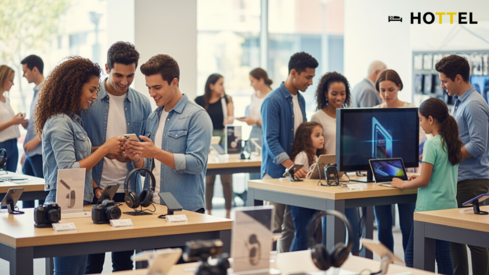 ビックカメラでJALマイル6倍キャンペーンの雰囲気を表現したショッピングシーン。顧客が家電製品とともに賑わう中、キャンペーンを楽しむ様子が描かれています。