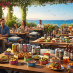 缶詰100種×クラフト缶ビール20種を楽しむカンカンビアガーデンの風景。リゾナーレ熱海での夏のひとときを表現。