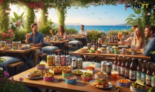 缶詰100種×クラフト缶ビール20種を楽しむカンカンビアガーデンの風景。リゾナーレ熱海での夏のひとときを表現。