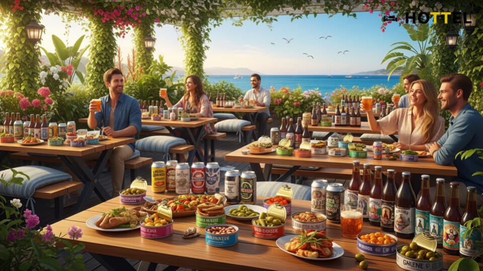 缶詰100種×クラフト缶ビール20種を楽しむカンカンビアガーデンの風景。リゾナーレ熱海での夏のひとときを表現。