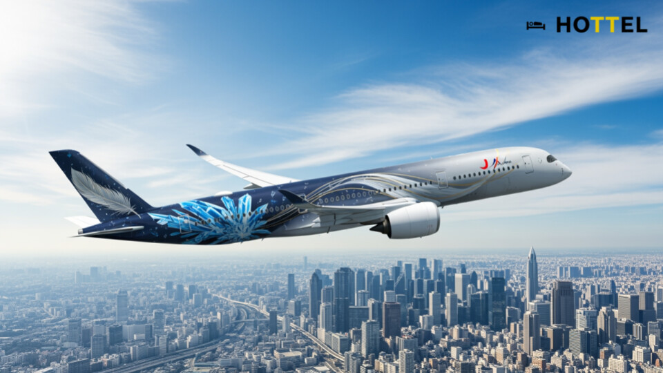 DREAM SHO JETとは、大谷翔平選手デザインの特別塗装機が都市上空を飛ぶシーン。夢を運ぶ象徴として表現。