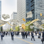 ソニー銀行ANAマイル最大6万をもらう方法に寄せた現代日本の都市の金融活動の風景を表現した画像。