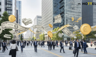 ソニー銀行ANAマイル最大6万をもらう方法に寄せた現代日本の都市の金融活動の風景を表現した画像。